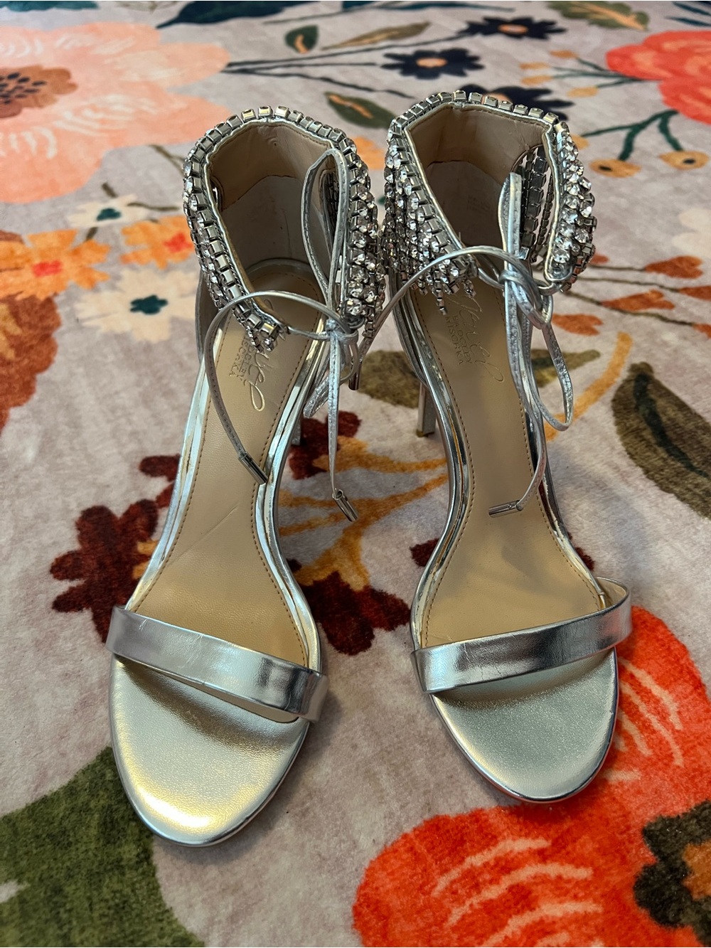 NEW Badgley Mischka Silver Ankle-Strap Rhinestone Heels